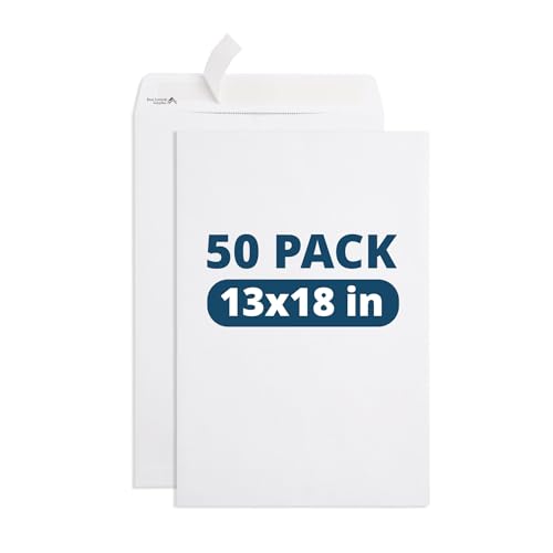Blue Summit 50 Large Mailing Envelopes, White 13 x 17.7 Envelopes, Self Seal Catalog, Security Tinted for Mailing - size: 13 x 17.7