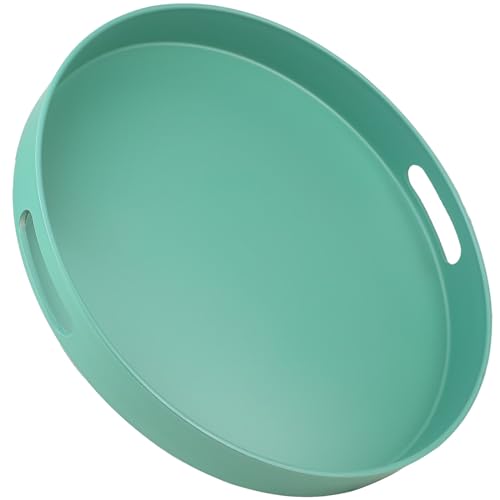 Round Green Decorative Serving Tray with Handles, 13” Versatile Ottoman Tray for Coffee Table, Entertaining, Outdoor Patio, Living Room - color: Green, size: 13"