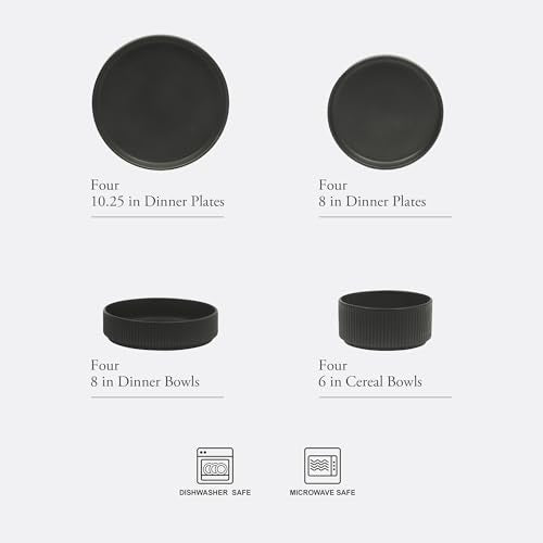Gibson Elite Deerfield 16-Piece Stoneware Dinnerware Set – Matte Black Reactive Glaze Plates and Bowls, Stackable, Modern Design, Service for 4 – Microwave & Dishwasher Safe - color: Matte Black (Deerfield)