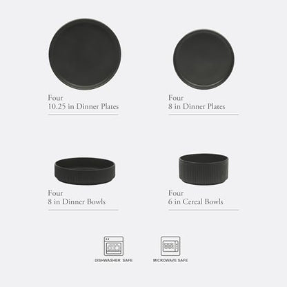Gibson Elite Deerfield 16-Piece Stoneware Dinnerware Set – Matte Black Reactive Glaze Plates and Bowls, Stackable, Modern Design, Service for 4 – Microwave & Dishwasher Safe - color: Matte Black (Deerfield)