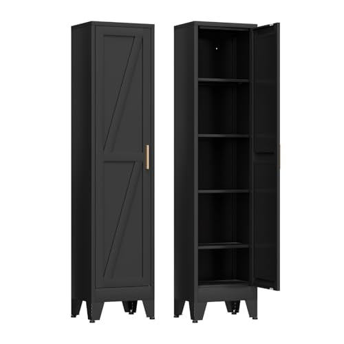 COFaR 67'' Tall Slim Bathroom Storage Cabinet, Metal Narrow Pantry Cabinet with 4 Adjustable Shelves and One Door, Skinny Cabinet Storage for Kitchen Laundry, Black Farmhouse 5 Tiers - color: Black, size: 11.81''D × 15.75''W × 66.93''H-S04