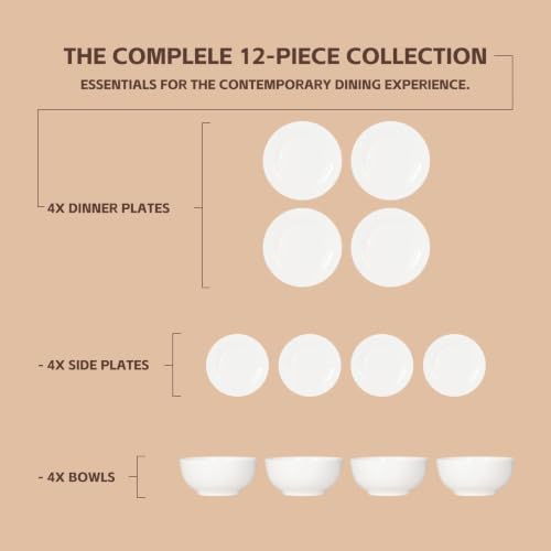 Bone China Dinnerware Set for 4, 12 Pcs Plates and Bowls, Pure White - color: Ivory