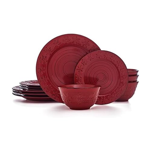 Pfaltzgraff Trellis Snowflakes 12 Piece Dinnerware Set, Service For 4, Red - color: Red Snowflake