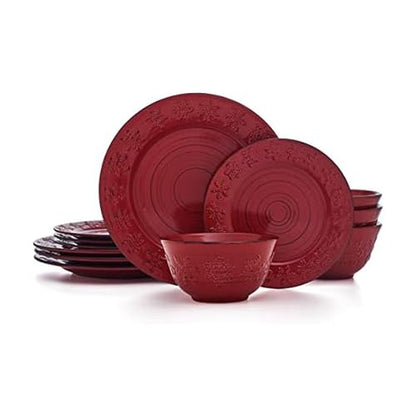 Pfaltzgraff Trellis Snowflakes 12 Piece Dinnerware Set, Service For 4, Red - color: Red Snowflake