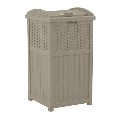 Suncast Wicker Resin Outdoor Hideaway Trash Can with Latching Lid for Use in Backyard, Deck, or Patio, Dark Taupe - color: Dark Taupe