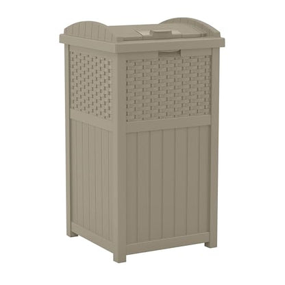 Suncast Wicker Resin Outdoor Hideaway Trash Can with Latching Lid for Use in Backyard, Deck, or Patio, Dark Taupe - color: Dark Taupe