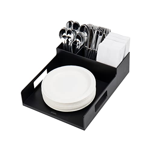 Mind Reader Utensil Napkin and Plate Organizer Tray, Countertop Caddy with 7 Compartments, Holds Plates up to 10.5 Inches, Breakroom and Buffet Organizer, Plastic, Black (Pack of 4) - size: Napkin & Plate Holder (Pack of 4)