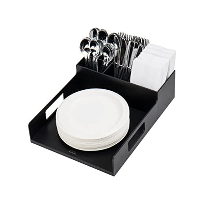 Mind Reader Utensil Napkin and Plate Organizer Tray, Countertop Caddy with 7 Compartments, Holds Plates up to 10.5 Inches, Breakroom and Buffet Organizer, Plastic, Black (Pack of 4) - size: Napkin & Plate Holder (Pack of 4)