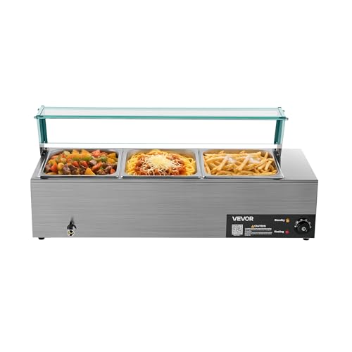VEVOR Commercial Food Warmer, 1500W Electric Stainless Steel Steam Food Warmer with Glass Cover, 3-Pan Countertop Buffet Bain Marie with Soup & Perforated Ladles, for Catering, Restaurant & Party - size: 36.22 x 14.37 x 15.16 in