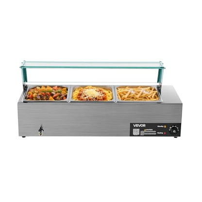 VEVOR Commercial Food Warmer, 1500W Electric Stainless Steel Steam Food Warmer with Glass Cover, 3-Pan Countertop Buffet Bain Marie with Soup & Perforated Ladles, for Catering, Restaurant & Party - size: 36.22 x 14.37 x 15.16 in