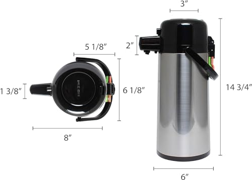 TrueCraftware- 1.9 Liter/ 64 oz Push Button Coffee Airpot Stainless Steel Body Glass Lined- Hot Beverage Coffee Chocolate Juice Tea Drinks Dispenser Ideal for Large Crowds for Any Occasion - size: 64.2 Ounces