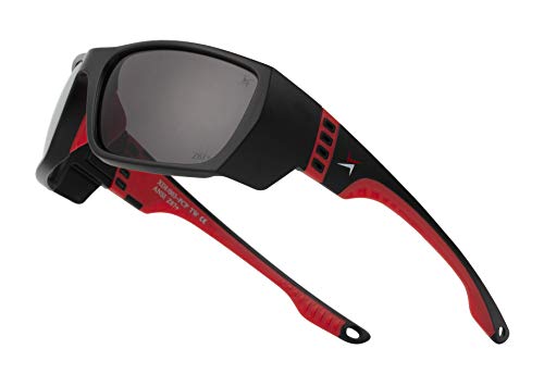 X Power ANSI Z87+ Safety Sunglasses Impact Resistant Polycarbonate Lens & Double Injection Frame - color: 003 Black & Red Frame / Dark Grey Lens