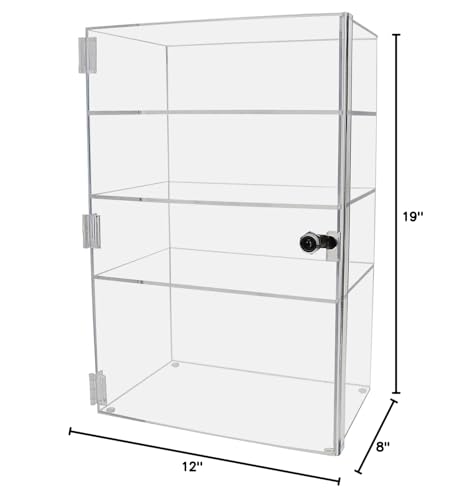 Marketing Holders Clear Acrylic Retail Cabinet 12" x 8" x 19" Vertical Locking 3 Shelf Retail Merchandise Locker Showcase Free Standing Countertop Cubby Display - size: 12" x 8" x 19"