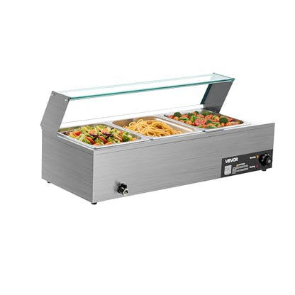VEVOR Commercial Food Warmer, 1500W Electric Stainless Steel Steam Food Warmer with Glass Cover, 3-Pan Countertop Buffet Bain Marie with Soup & Perforated Ladles, for Catering, Restaurant & Party - size: 36.22 x 14.37 x 15.16 in