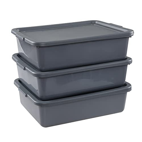 3-Pack 13 L Plastic Commercial Tote Box with Lid, Bus Tubs, Gray - color: gray, size: 13 L