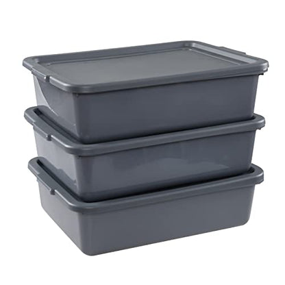 3-Pack 13 L Plastic Commercial Tote Box with Lid, Bus Tubs, Gray - color: gray, size: 13 L
