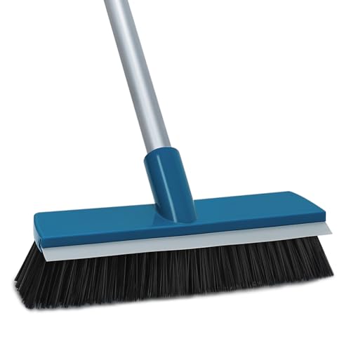 Stiff Bristle Deck Brushes for Scrubbing Heavy Duty with Rubber Scrape Squeegee, 55” Long Handle Scrub Brush for Bathroom Shower Carpet Outdoor Floor Cleaning (Head Size: 10.8”) - size: 10.8" Scrub Brush