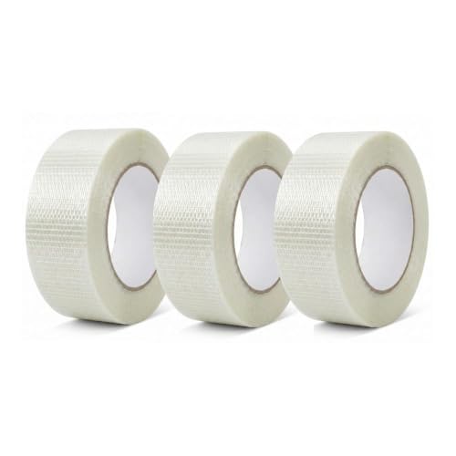 Filament Tape Bi-Directional Cross Weave, Fiberglass Reinforced Strapping Tape, Heavy Duty Industrial Packing & Palletizing, Strong Adhesive Shipping Tape 2" x 60 Yards - 3 Rolls
