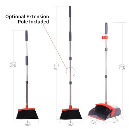 Broom and Dustpan Set 52-in Long Adjustable Handle Broom Dustpan Combo - color: Purple&red