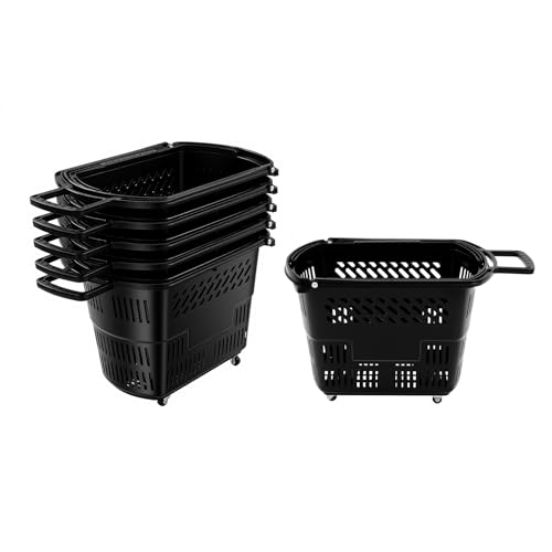 6PCS Shopping Basket 35L Portable Plastic Rolling Shopping Cart with Wheels - color: Black