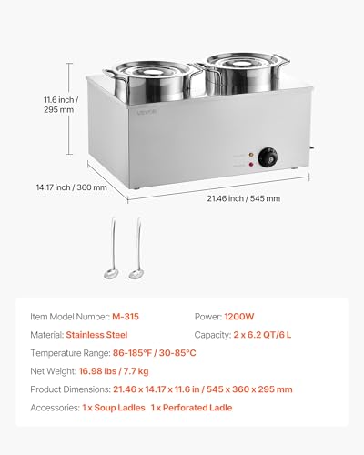 VEVOR Electric Soup Warmer, Two 6.34QT Stainless Steel Round Pot with 86~185°F Adjustable Temp, 1200W Commercial Bain Marie Compatible with Pans, Soup Station for Restaurant, Buffet - size: 2×6L Pots