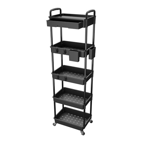 5 Tier Rolling Utility Cart with Drawer,REBECAT Utility Cart Made of Multifunctional Storage Organizer Tool for Kitchen,Bathroom,Living Room,Office(Black) - color: Black