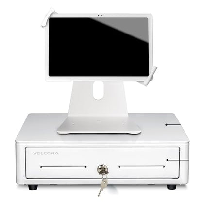 Volcora Cash Register Drawer & Tablet Stand with Lock for (POS) Point of Sale System, Anti-Theft, White