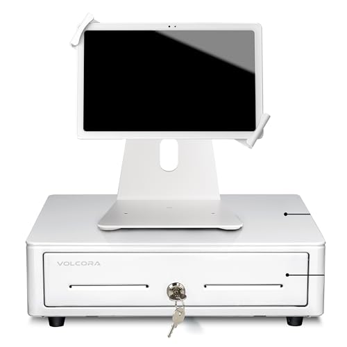 Volcora Cash Register Drawer & Tablet Stand with Lock for (POS) Point of Sale System, Anti-Theft, White