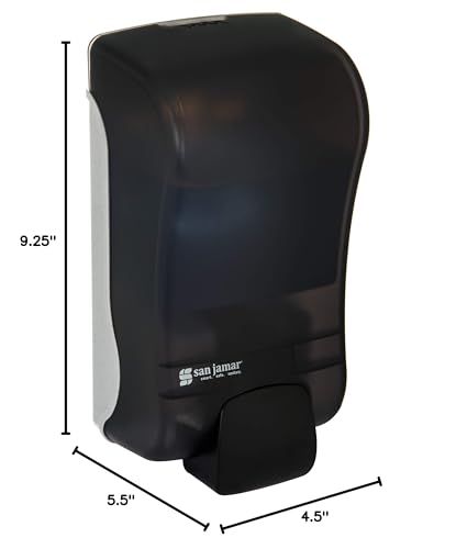 San Jamar Manual Soap Dispenser – 1300 mL Capacity Liquid Dispenser for Bulk Foaming Soaps, Wall Mount, Refillable with Transparent Reservoir Easy Push Bar for Commercial or Office Use, Black Pearl