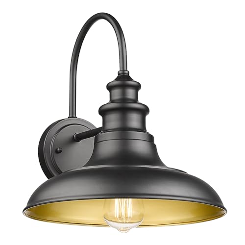 Outdoor Barn Light Fixture, 12.3 Inch Large Dome Farmhouse Wall Mount Light Wall Sconce Exterior Wall Lighting Fixture Industrial Black Finish Lantern with Gold Interior for Porch Garage Patio - color: Black, size: 11-RZ004-1PACK(Not Dusk to Dawn)