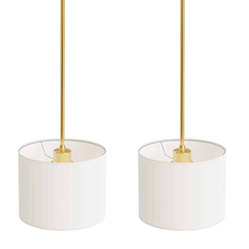 Electro bp;9" Dia White Linen Drum Shade Hanging Pendant Light Fixture with Polished Gold Pole Kit,E26,Hardwired,2-Pack; - color: Gold 2-Pack Pendant