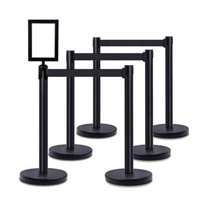 DuraSteel Crowd Control Barriers Stanchions with Retractable Belts & Sign Holder - Metal Stanchion Posts w/ 6.5ft Black Retractable Barrier Belt Ropes - Queue VIP Safety Line Dividers - Set of 6 Poles - color: Black Belt, style: Black Stanchion 6 Pcs + 1
