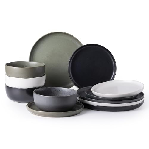 AmorArc Stoneware Dinnerware Sets for 4,12Pcs Ceramic Plates and Bowls Sets - color: Mix Color, size: Service for 4