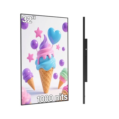 32inch Digital Signage Display, 1000nits High Brightness, LCD Monitor Slim Fit Frameless Advertising Display, Wall Mount Digital Display, CMS Remote Publishing, 7/24 Timer Switch, Built-in Speaker - size: 32"+1000nits