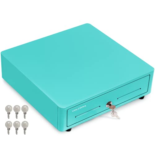 Volcora Cash Register Drawer for (POS) Point of Sale System with Round Corner 13", Removable Coin Tray, 4 Bill/5 Coin, 12-24V, RJ11/RJ12 Key-Lock, Media Slot,Cash Till, for Businesses, Light Blue - color: Light Blue