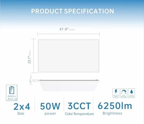 2X4 LED Flat Panel Light with Emergency Battery Backup, 50W 3000K/4000K/5000K, 0-10V Dimmable, 6500 Lumens, Backlit Drop Ceiling Panel, 100-277V, UL Listed, Built-in Backup – 2 Pack