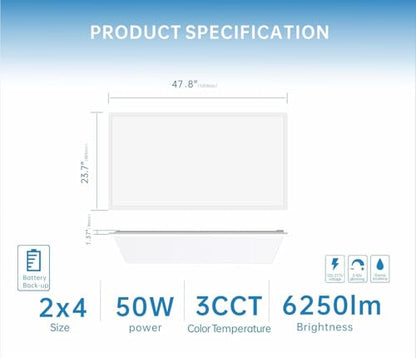 2X4 LED Flat Panel Light with Emergency Battery Backup, 50W 3000K/4000K/5000K, 0-10V Dimmable, 6500 Lumens, Backlit Drop Ceiling Panel, 100-277V, UL Listed, Built-in Backup – 2 Pack