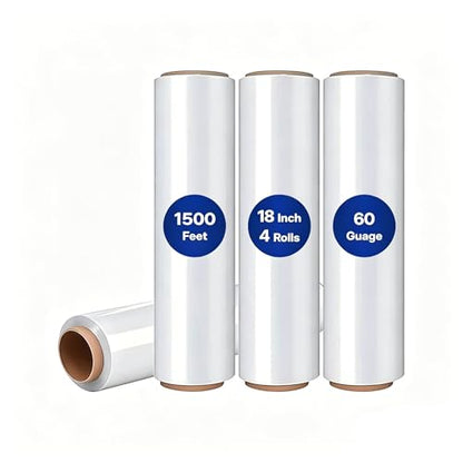 NorthSky Plastic Wrap Stretch Film - Industrial Strength up to 600% Stretch 20 Microns Clear Durable Adhering Packing Moving Heavy Duty Shrink Film Box of 4 (60 Gauge, 18'' x 1500') - size: 18'' x 1500', style: 60 Gauge