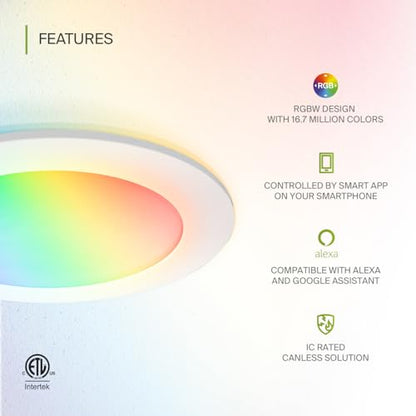 ASD 1 Pack LED Smart Recessed Lighting 6 Inch 12W, RGBW Color Changing Lights, Compatible with Alexa & Google Assistant, Dimmable 2700K-6500K Selectable RGB Lights, WiFi Bluetooth Ceiling Light, ETL - color: White, size: 6 Inch 1 Pack
