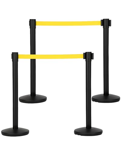 4-Pack Crowd Control Barrier, Metal Stanchion Posts with 6.6ft / 2m Retractable Belts & Metal Base, Commercial Line Dividers for Stores, Airport Lines and Event Entry (Yellow Rope) - size: 4-Pack