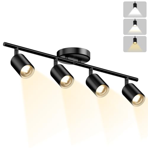LED 4 Light Track Lighting Kit, 23.6" Black 4 Way Ceiling Spotlights Fixture, 3 CCT Adjustable, with Flexibly Rotatable Light Heads for Kitchen, Living Room, Bedroom, Includes 4 x GU10 Bulb - color: Black, size: 4