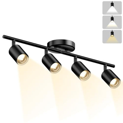 LED 4 Light Track Lighting Kit, 23.6" Black 4 Way Ceiling Spotlights Fixture, 3 CCT Adjustable, with Flexibly Rotatable Light Heads for Kitchen, Living Room, Bedroom, Includes 4 x GU10 Bulb - color: Black, size: 4