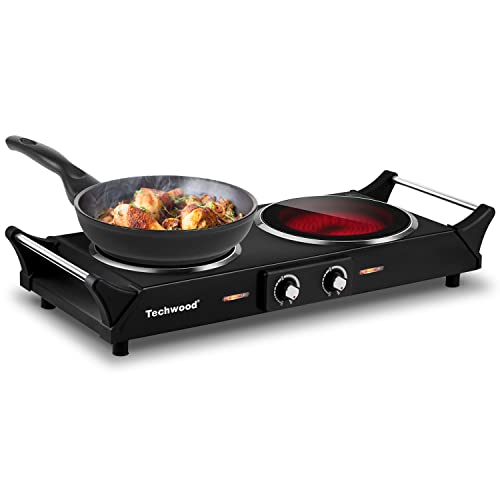 Hot Plate, Techwood 1800W Double Infrared Ceramic Electric Stove for Cooking, Dual Control Cooktop Burners, Portable Anti-scald Handles Suitable for RV/Home/Camp, Compatible for All Cookwares - color: Black, size: Infrared Ceramic Double Burner