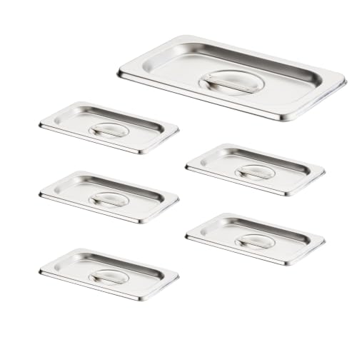 HECMAC 6-Pack 1/9 Size Hotel Pan Cover, Stainless Steel Solid Steam Table Catering Food Pan Lid with Handle, 23 Gauge - size: 1/9 Size, Plain Lid