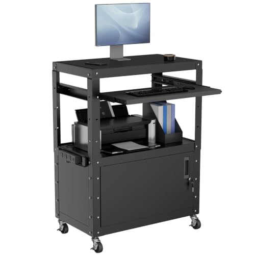 Mobile AV Cart, Adjustable Height Rolling Computer Cart with Pullout Keyboard Tray – Locking Cabinet, 3 Outlets & 2 USB Ports, Lock Brake Casters–Media Utility Cart on Wheels for Home/Office - size: Style 1 18"D x 24"W x 43.3"H