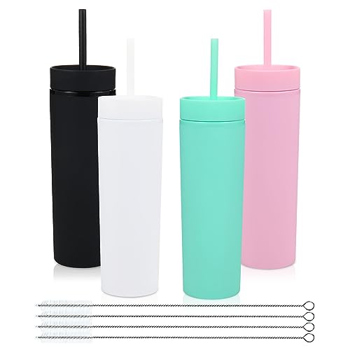 Volhoply 16oz Plastic Skinny Tumbler With Lid and Straw Bulk 4 Pack,Insulated Double Wall BPA Free Matte Acrylic Tumblers,Iced Coffee Mug Reusable Party Cup,Customizable Diy Gifts(Assort color,4 Set) - color: Assort color