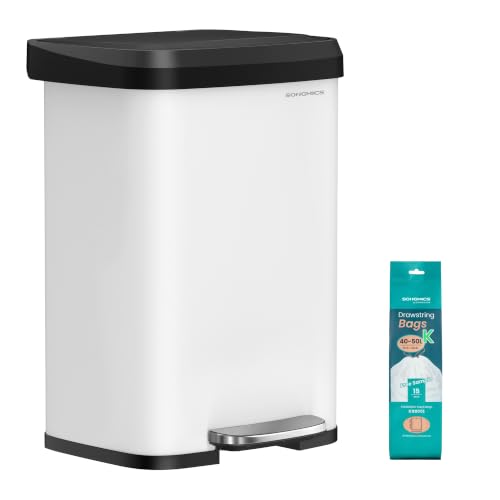 SONGMICS Kitchen Trash Can, 13-Gallon (50 L) Stainless Steel, Soft Closure - color: White + Black, style: 13 Gallons