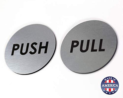 Brushed Silver Push Pull Door Signs | Set of 2 | 2" Round - Laser Engraved Acrylic | Indoor & Outdoor Signage | 3M Adhesive on Back of Sign | Ready to Hang - size: 2" Diameter