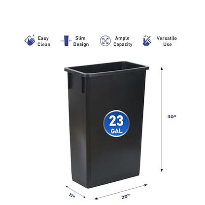 Plexon 23-Gallon Trash Can Set – Tall, Space-Saving Black Bins for Kitchen, Garage, Office, or Restaurant Use – Narrow Rectangular Design, 2-Pack
