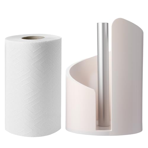 Paper Towel Holder Countertop with Wood Round Base and Iron Holder,Holds Mega Roll,Holder Stand for Kitchen Roll Organize,Wooden Paper Towel Holder for Kitchen Dining Table Home Decor - color: White